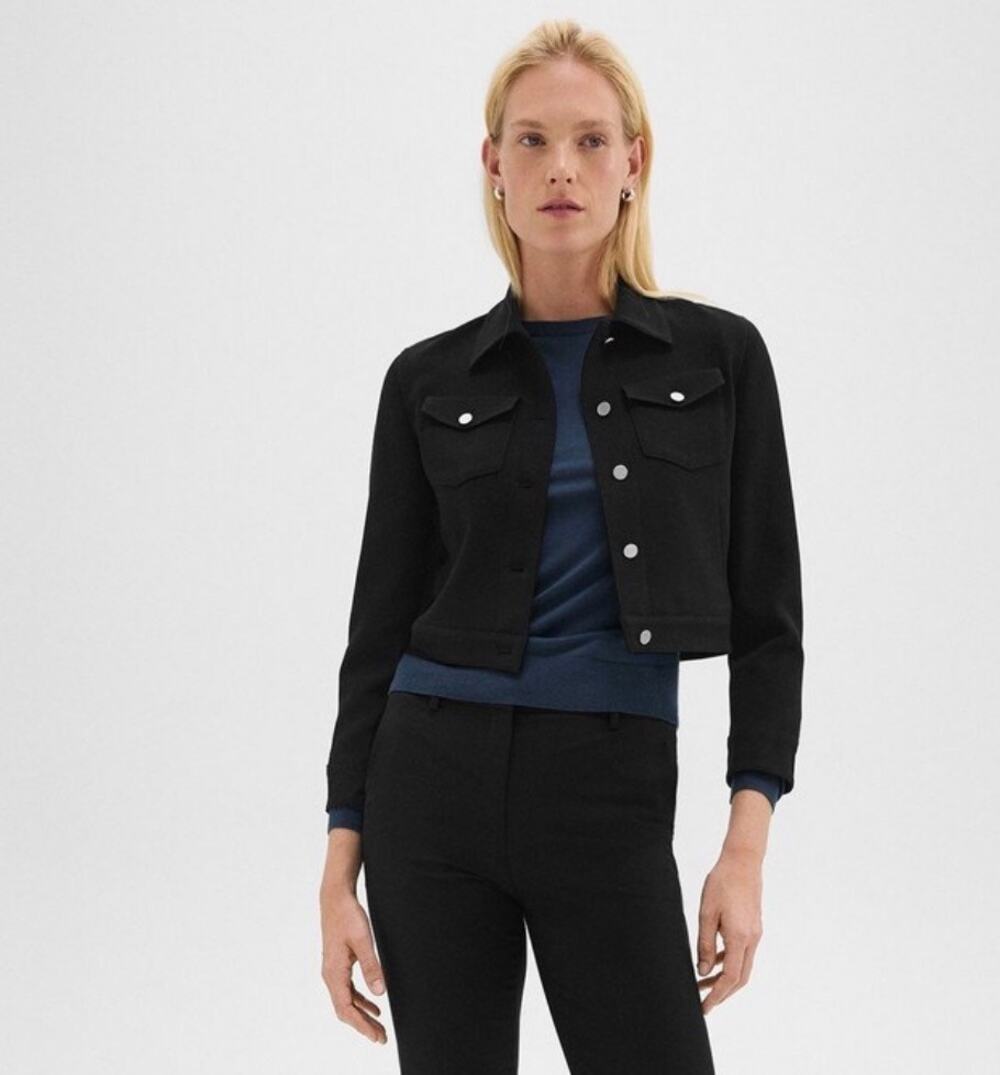 Theory Admiral Crepe Shrunken Trucker Jacket Black Size 2 Cropped